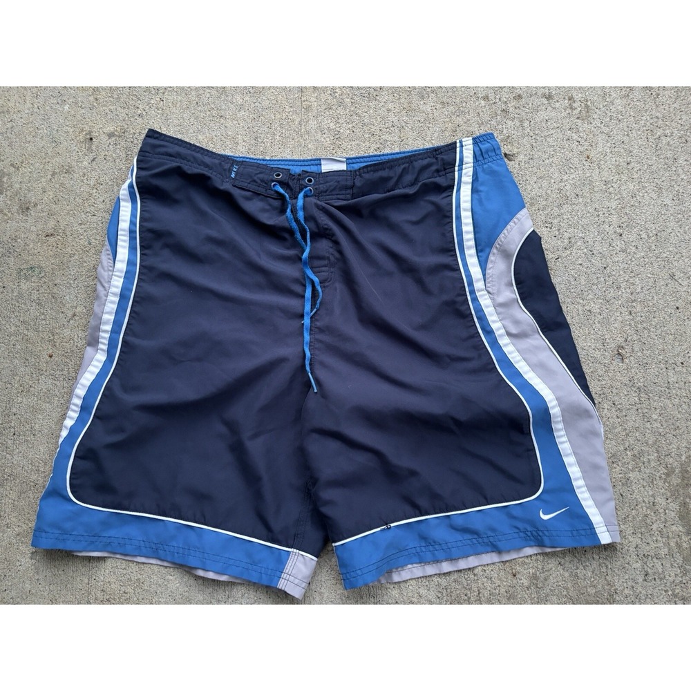 Nike Swim Trunks Mens Blue White Lined Polyester Board Shorts Beach Swim Size L
